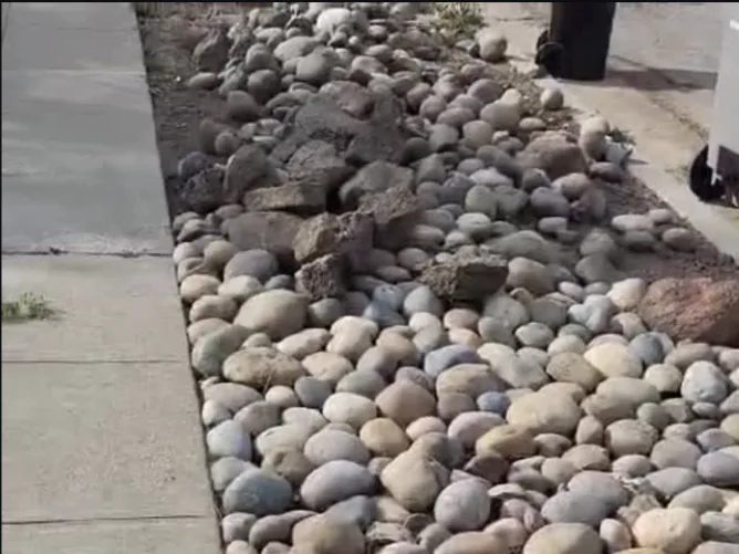 River rock planting border along a concrete sidewalk